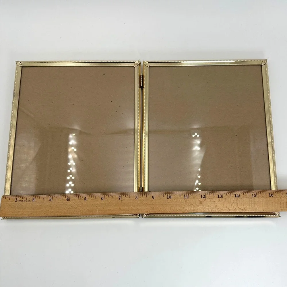 Vintage Gold Brass Tone Hinged Double Picture Frame 8x10 Folding Tabletop Metal